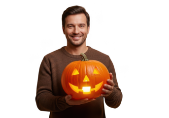 Happy man holding glowing jack o lantern joyful halloween celebration autumn festivities transparent background