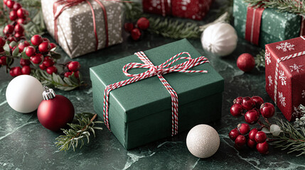 A festive scene featuring green gift boxes wrapped in red and white twine, accompanied by ornaments and berries, conveying holiday cheer, Christmas and New Year spirit, and gift exchange