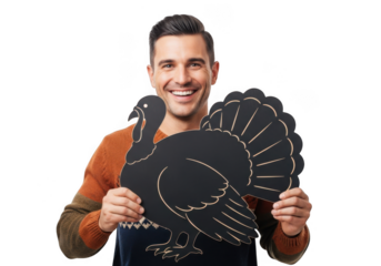 Smiling man happily holding a black turkey prop celebrating thanksgiving joyfully showing gratitude transparent background
