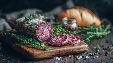 Artisan salami on wooden board with thyme and peppercorns, rustic charcuterie spread