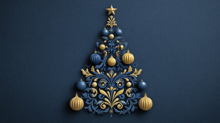 A stylized cutout Christmas tree silhouette decorates with blue and gold ornaments against a deep blue background, conveying festive mood, celebration, and holiday greeting for Christmas and New Year