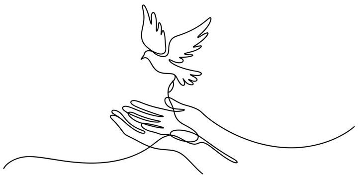Continuous line drawing art of two cupped hands gently releasing a soaring white dove, symbolizing freedom, peace, and hope on a clean background. Vector, illustration