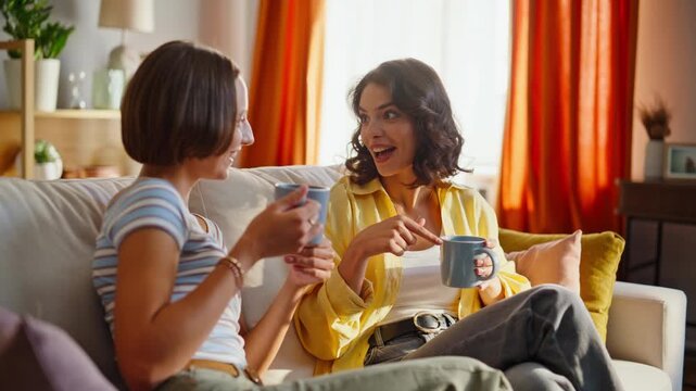 Smiling ladies clinking coffee cups enjoying cozy domestic atmosphere closeup. 
