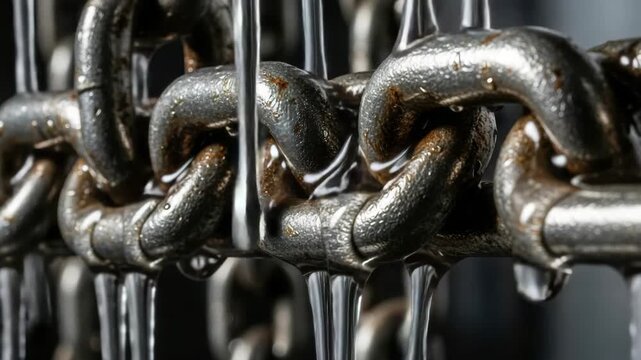 Water pouring over a heavy industrial steel chain in a dramatic close up. A powerful concept of strength, connection, and resilience under difficult conditions