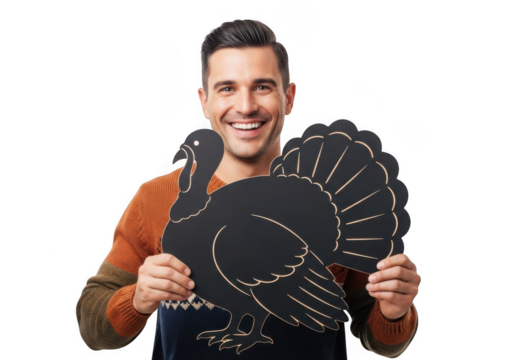 Smiling man happily holding a black turkey prop celebrating thanksgiving joyfully showing gratitude transparent background