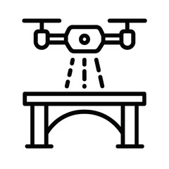Thin-line black structural inspection drone icon representing AI bridge analysis and safety monitoring. Flat vector, ideal for infrastructure tech UI and advanced engineering systems.