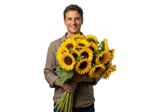 Smiling man presents large vibrant sunflower bouquet joyful youth holding bright yellow flowers expressing happiness transparent background