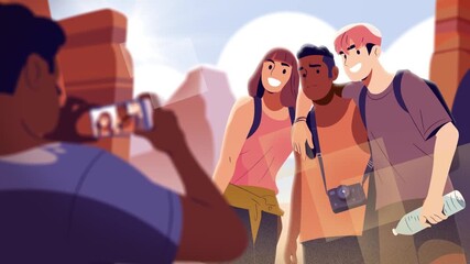 2D Animated Travelers Posing for Group Photo During Outdoor Adventure Trip Representing Tourism, Friendship, Memories, Vacation, and Travel Lifestyle