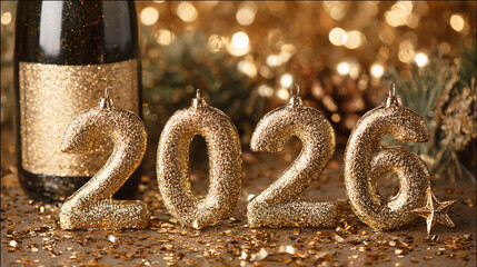 Golden vertical 2026 numbers with festive seasonal decorations, star confetti, and a bottle of sparkling wine