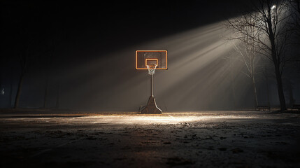 Illuminated basketball hoop on nighttime outdoor court with dramatic spotlight effect