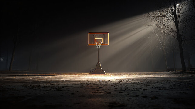 Illuminated basketball hoop on nighttime outdoor court with dramatic spotlight effect - Powered by Adobe