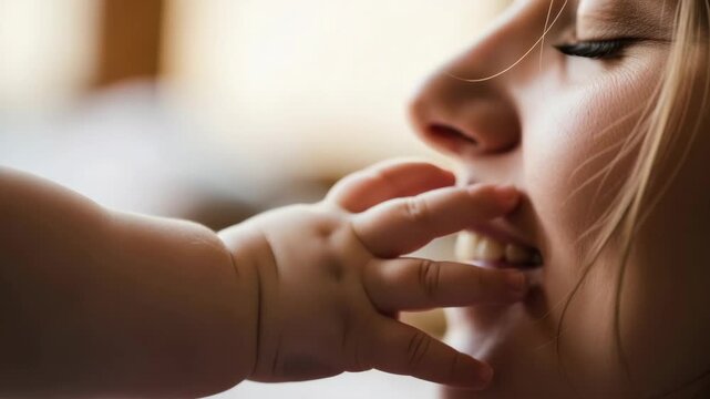 A baby's chubby hand gently puts a small piece of food into a young caucasian woman's mouth. An intimate and heartwarming moment of family life and motherhood