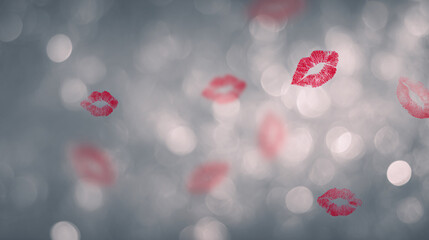 Romantic red kiss marks drift over a dreamy soft bokeh background for love and romance