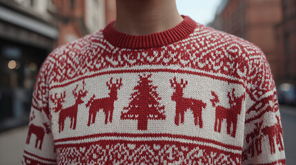 Red and white Christmas sweater with festive deer and tree patterns