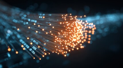 Fiber optic cables emit vibrant lights creating a dynamic display against a dark backdrop. This visual highlights the speed and efficiency of modern communication technologies.