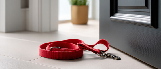 Red dog leash coiled on tiled floor near partially open black door with blurred plant in background