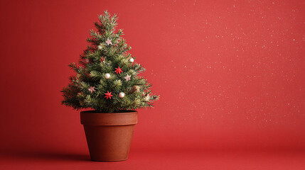 Small decorated Christmas tree in pot with festive red background decor
