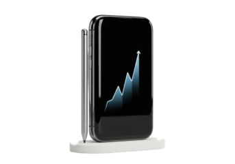 Polished obsidian smart device, ascending blue graph, chrome stylus, on ceramic pedestal, isolated on transparent, high-key, minimalist futuristic technology concept