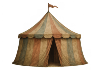 Vintage striped circus tent with faded colors, flag, and open entrance standing on a transparent background