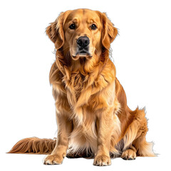 A striking portrait of a purebred Golden Retriever dog sitting against a solid black background.