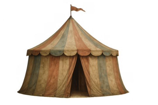 Vintage striped circus tent with faded colors, flag, and open entrance standing on a transparent background