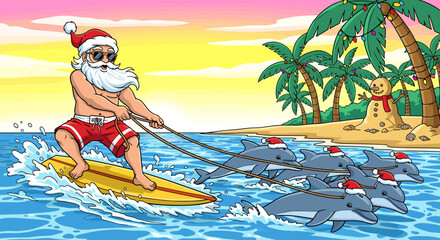 Santa Claus surfing on the ocean while being pulled by dolphins  