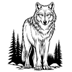 Wolf standing among pine trees in black and white illustration  