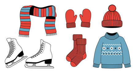 Winter clothing accessories with ice skates, hat, mittens, and sweater  
