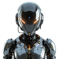 A highly detailed, menacing futuristic humanoid robot portrait glowing with orange lights against a black background.