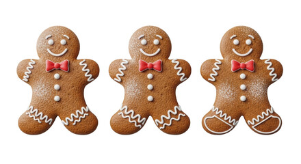 Fototapeta premium Three classic gingerbread man cookies, warm brown with intricate white icing, expressive eyes, cheerful smiles, red bow ties, and powdered sugar, isolated on a transparent background, minimalist