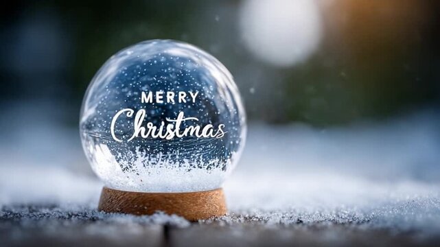 Festive Snow Globe: A delightful snow globe, inscribed with the words Merry Christmas, sits amidst a serene snowy scene, capturing the magic and charm of the holiday season.