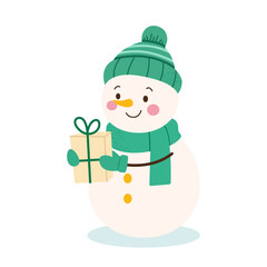 Snowman Holding Christmas Gift Winter Christmas New Year Illustration with Happy Snowman in Green Hat Scarf and Gloves Presenting Holiday Gift Box