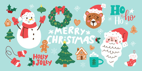 Christmas Illustration with Santa Claus, Snowman, Bear, Wreath, Christmas Trees, Gingerbread, Mug of Hot Chocolate, and Festive Holiday Decorations Featuring Merry Christmas, Ho-Ho-Ho and Holy Jolly