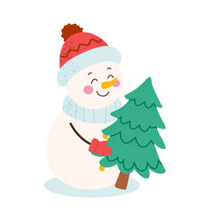 Snowman Hugging Christmas Tree Winter Christmas New Year Illustration with Cute Snowman and Festive Evergreen in Bright Winter Holiday Scene