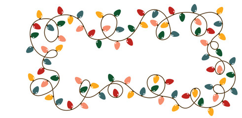 A garland of brightly colored light bulbs. Festive neon Christmas decorations and party supplies. Icicle. Festive vector frame with sparkling lights.