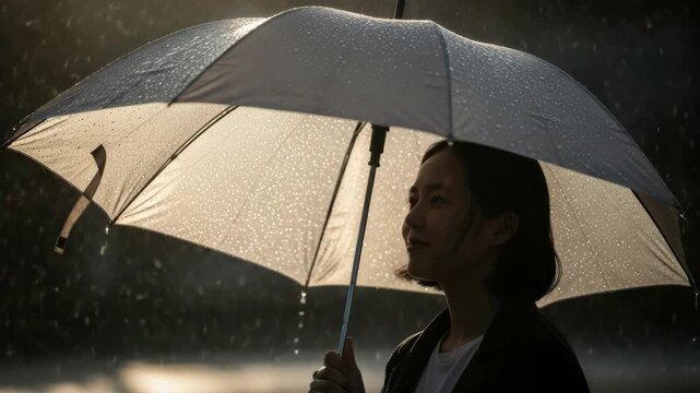 Cinematic banner of a young adult asian woman holding a backlit umbrella in a heavy rain shower. A sequence of frames showing a calm and peaceful moment of solitude