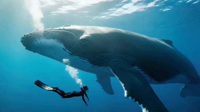 A freediver swims alongside a majestic humpback whale in the deep blue ocean. Composite sequence showing an incredible wildlife encounter and the immense scale of marine life
