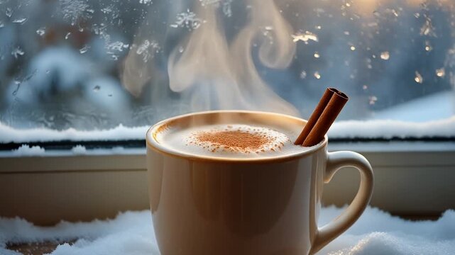 Steaming mug of hot cocoa with cinnamon sticks resting on a snow-covered windowsill, creating a cozy and warm winter atmosphere indoors against a blurred frosty background
