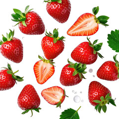 A vibrant pattern of fresh strawberries and slices against a solid black background.