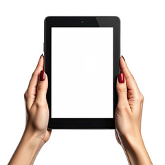 Woman's Hands Holding a Tablet with a Blank White Screen Against a Black Background