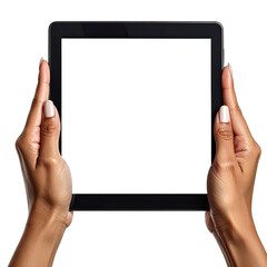 Hands holding a blank black tablet screen against a dark background.