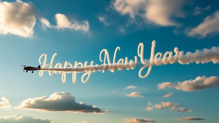 Airplane with banner and writing the phrase "Happy New Year" in smoke in the sky. Abstract image, texture, pattern background, wallpaper, cover and screen for smartphone, PC, laptop, 9:16 and 16:9 for