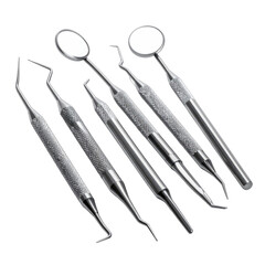 A set of six stainless steel dental examination instruments against a black background.