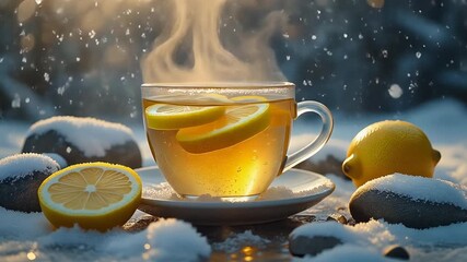 Warm cup of steaming tea with lemon slices, nestled amongst snow and pebbles, evoking a cozy winter beverage experience
