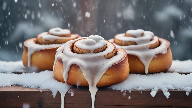 Three delicious cinnamon rolls with white icing resting on a snowy wooden surface, perfect for a winter treat