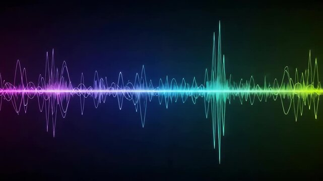 Vibrant sound wave visualization with glowing neon lines. Digital equalizer graph for music or podcast concept. Abstract technology banner representing frequency and rhythm