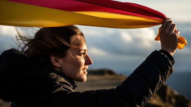 Adult caucasian woman holding a german flag waving in the wind on a mountain. Patriotic female showing national pride and freedom at sunset. Travel to germany and support concept