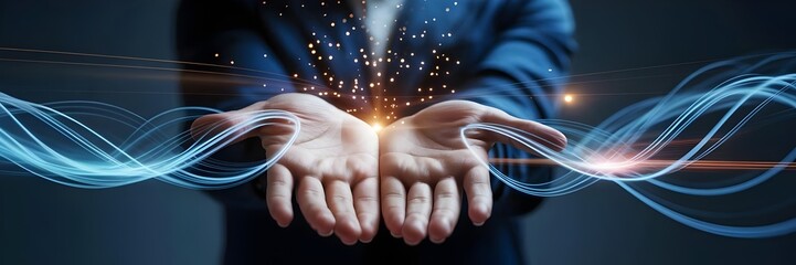 Cinematic open palm with pulsating digital light streams – Suitable for connectivity and charitable donation.