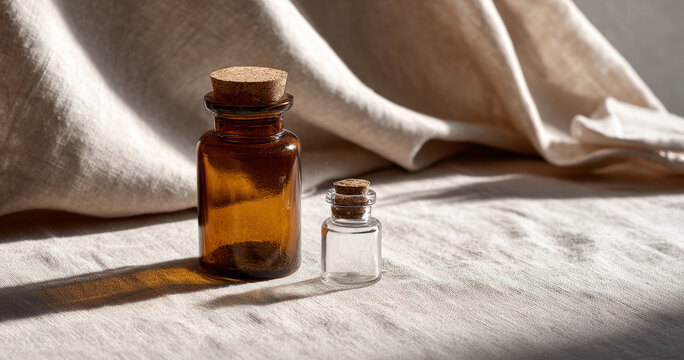 Two small vintage glass bottles with cork stoppers on textured fabric with soft natural light and shadows