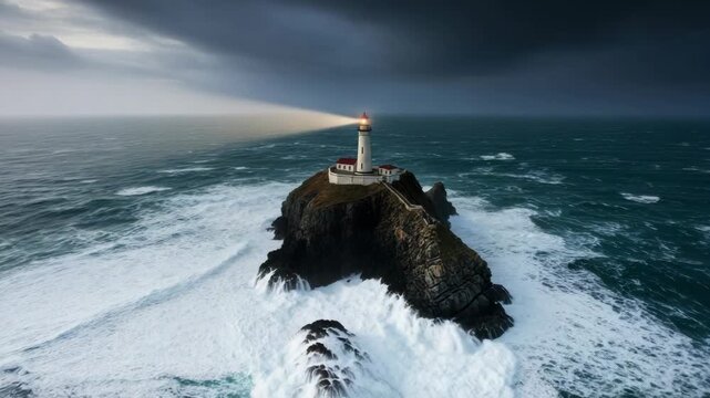 A lighthouse stands firm on a rugged cliff against a tumultuous sea during a dramatic storm. Its powerful light beam cuts through the darkness, symbolizing hope and guidance